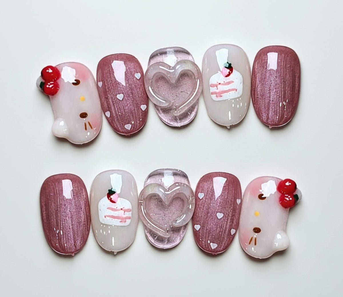 Kawaii Kitty press-on Nails: 3D Heart, Cake, Strawberry Nail Art.