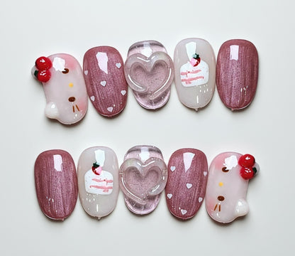 Kawaii Kitty press-on Nails: 3D Heart, Cake, Strawberry Nail Art.