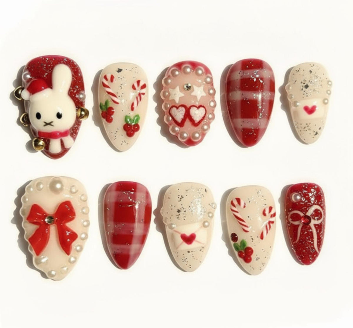 Kawaii Miffy Inspired Christmas press-on Nails; Red and Cream Holiday Nails, 3D Bunny, Pearls, Candy Cane, Handmade Fake Nails, Gift for Her.