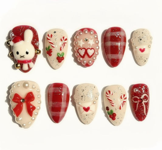 Kawaii Miffy Inspired Christmas press-on Nails; Red and Cream Holiday Nails, 3D Bunny, Pearls, Candy Cane, Handmade Fake Nails, Gift for Her.