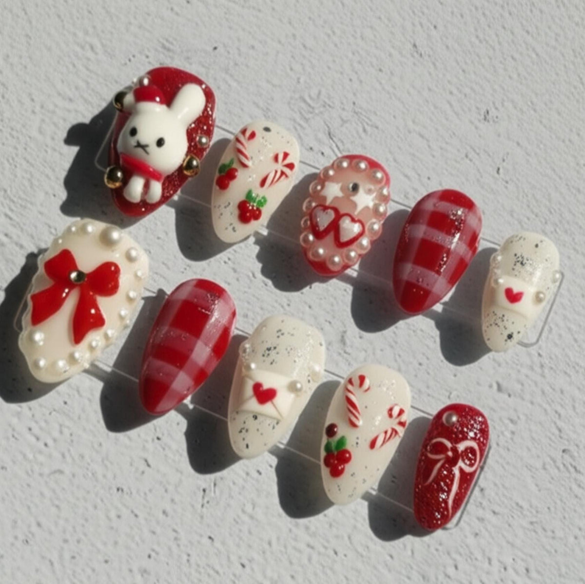 Kawaii Miffy Inspired Christmas press-on Nails; Red and Cream Holiday Nails, 3D Bunny, Pearls, Candy Cane, Handmade Fake Nails, Gift for Her.