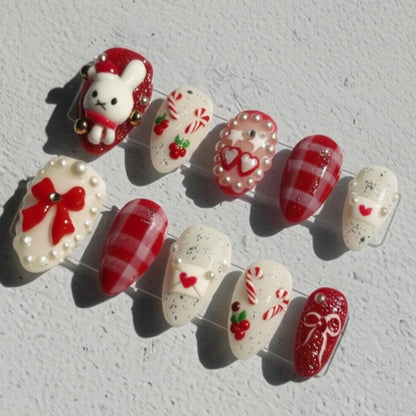 Kawaii Miffy Inspired Christmas press-on Nails; Red and Cream Holiday Nails, 3D Bunny, Pearls, Candy Cane, Handmade Fake Nails, Gift for Her.