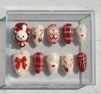 Kawaii Miffy Inspired Christmas press-on Nails; Red and Cream Holiday Nails, 3D Bunny, Pearls, Candy Cane, Handmade Fake Nails, Gift for Her.
