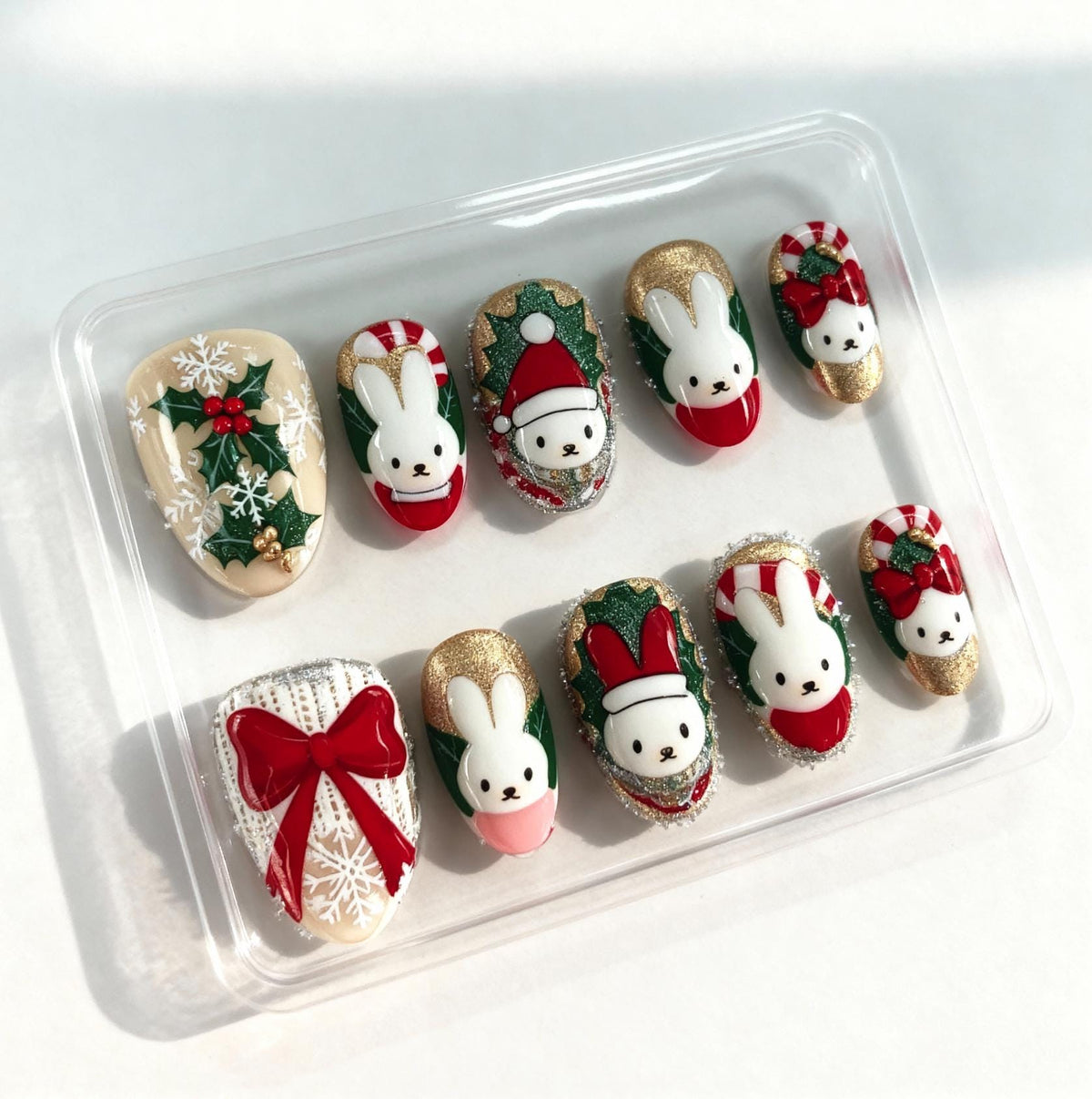 Kawaii Miffy Inspired Christmas press-on Nails; Red, Green and Gold Holiday Nails, 3D Bunny, Wreath, Candy Cane, Handmade Nail Tips.