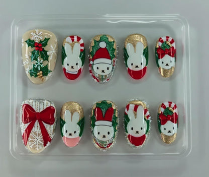 Kawaii Miffy Inspired Christmas press-on Nails; Red, Green and Gold Holiday Nails, 3D Bunny, Wreath, Candy Cane, Handmade Nail Tips.