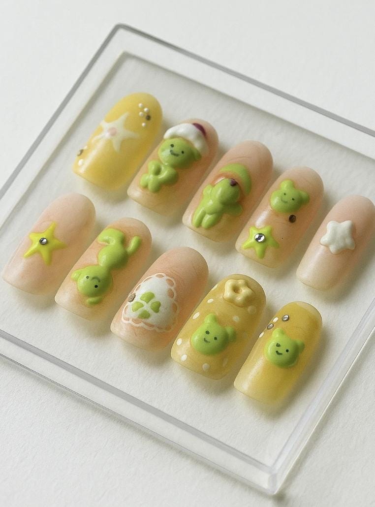Kawaii Smiski Bear press-on Nails: 3D Pastel Kidcore Nail Art.