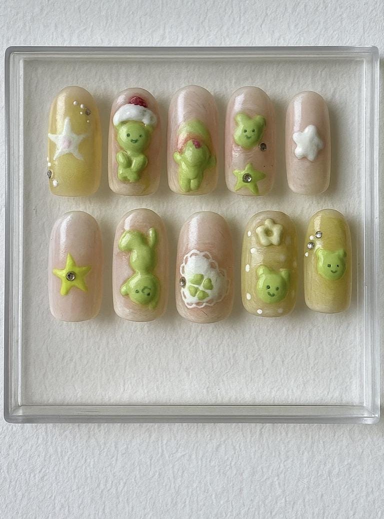 Kawaii Smiski Bear press-on Nails: 3D Pastel Kidcore Nail Art.