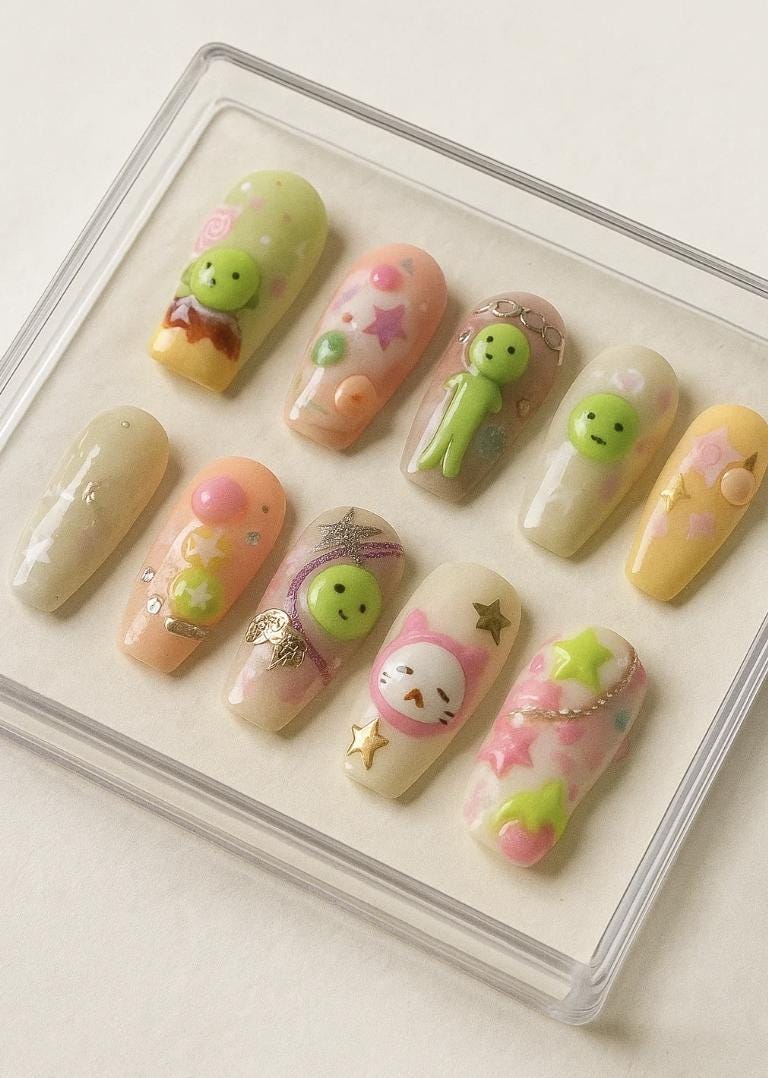 Kawaii Smiski press-on Nails: 3D Alien Cat Y2K Kidcore.