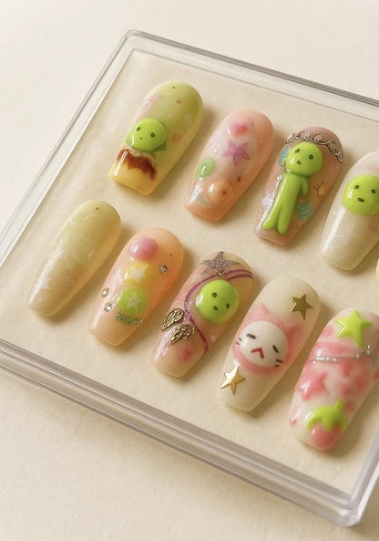 Kawaii Smiski press-on Nails: 3D Alien Cat Y2K Kidcore.