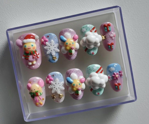 Kawaii Usahana Christmas press-on Nails; 3D Bunny Nails, Snowflakes, Clouds and Gifts, Handmade Fake Nails, Holiday Gift for Her.