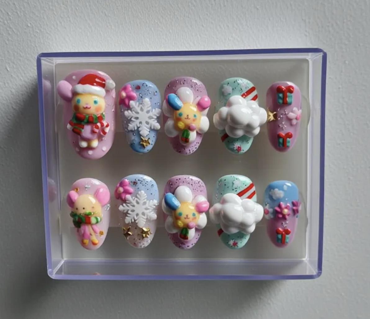 Kawaii Usahana Christmas press-on Nails; 3D Bunny Nails, Snowflakes, Clouds and Gifts, Handmade Fake Nails, Holiday Gift for Her.