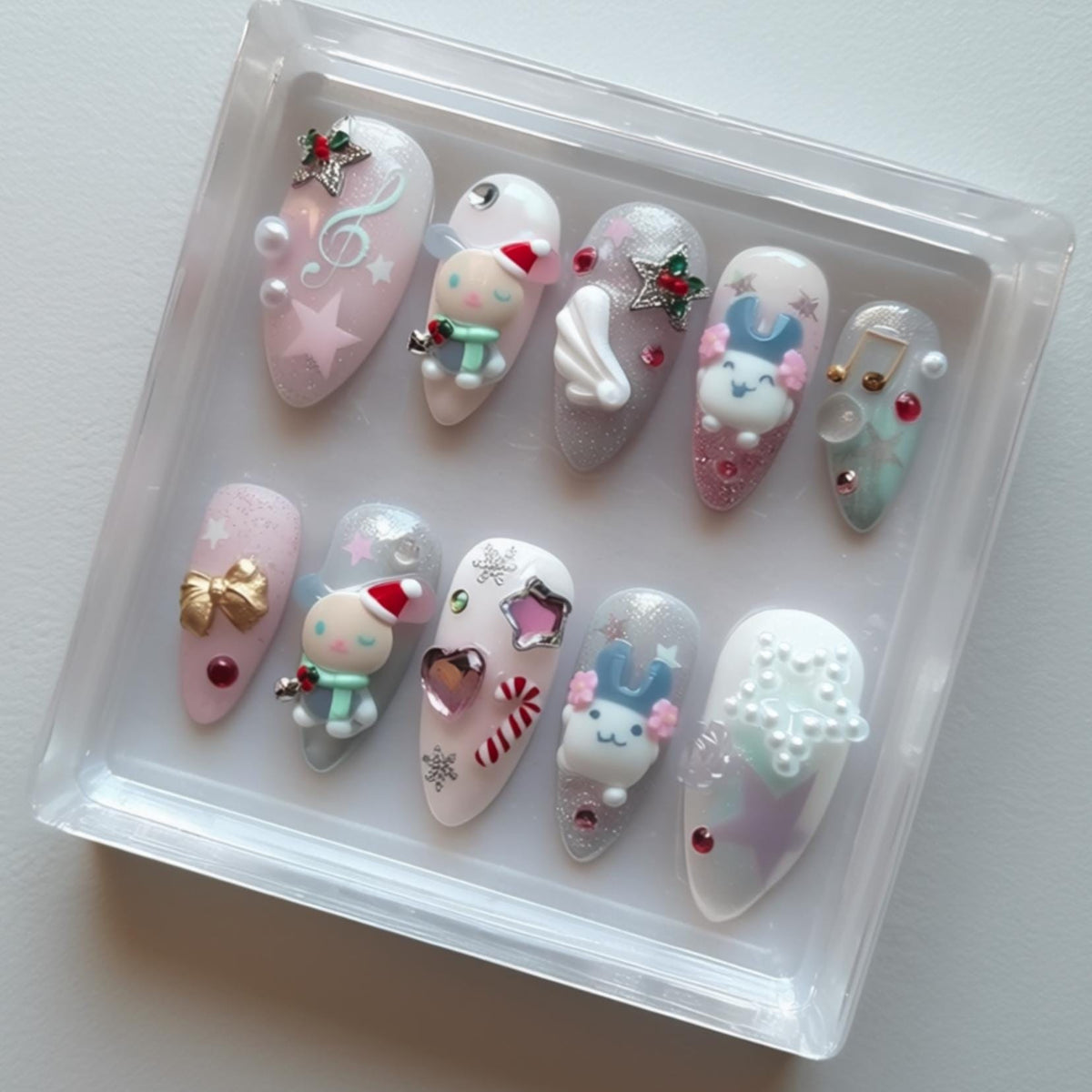 Kawaii Usahana Christmas press-on Nails; Pastel 3D Bunny Nails, Stars, Music Notes, Candy Cane, Handmade Fake Nails, Gift for Her.