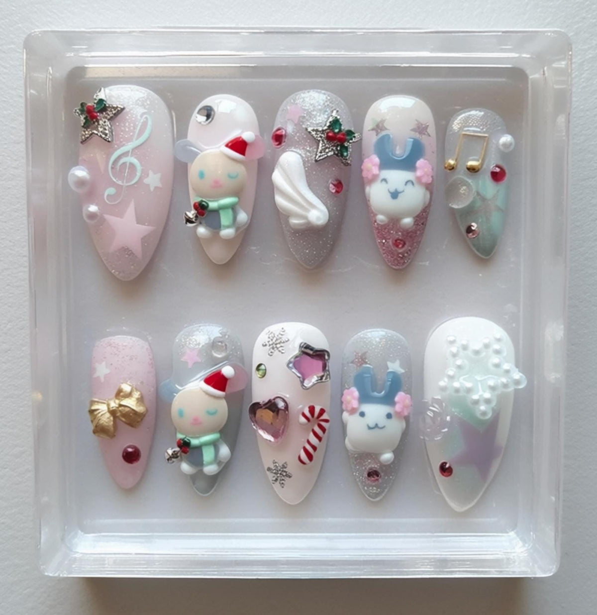 Kawaii Usahana Christmas press-on Nails; Pastel 3D Bunny Nails, Stars, Music Notes, Candy Cane, Handmade Fake Nails, Gift for Her.