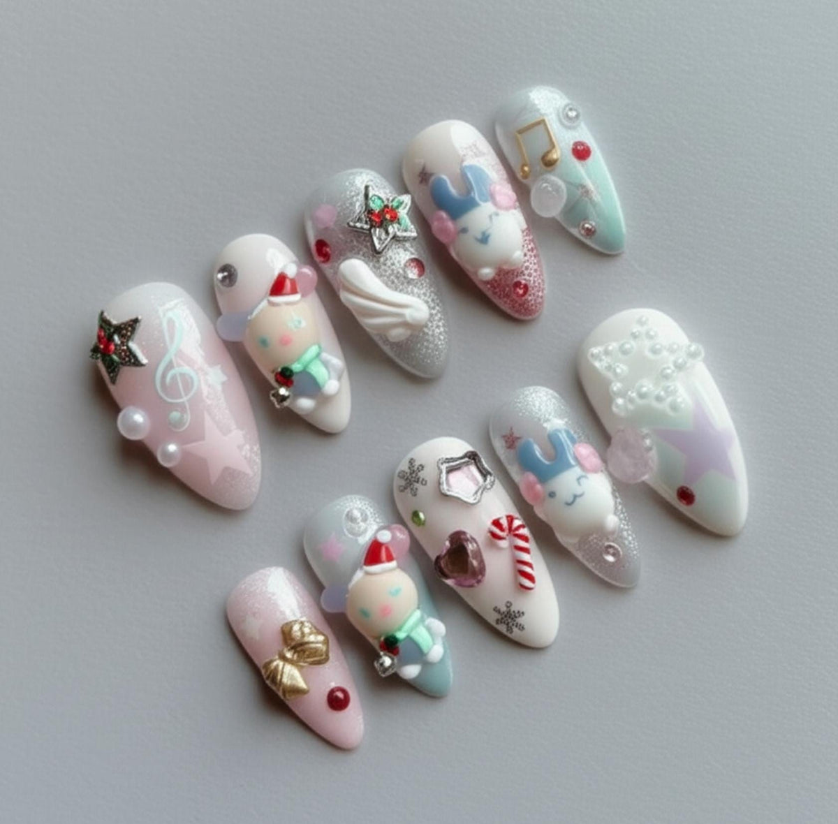 Kawaii Usahana Christmas press-on Nails; Pastel 3D Bunny Nails, Stars, Music Notes, Candy Cane, Handmade Fake Nails, Gift for Her.