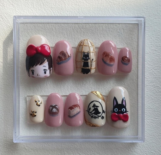 Kiki Inspired press-on Nails; Cute Bakery Cat Nails.