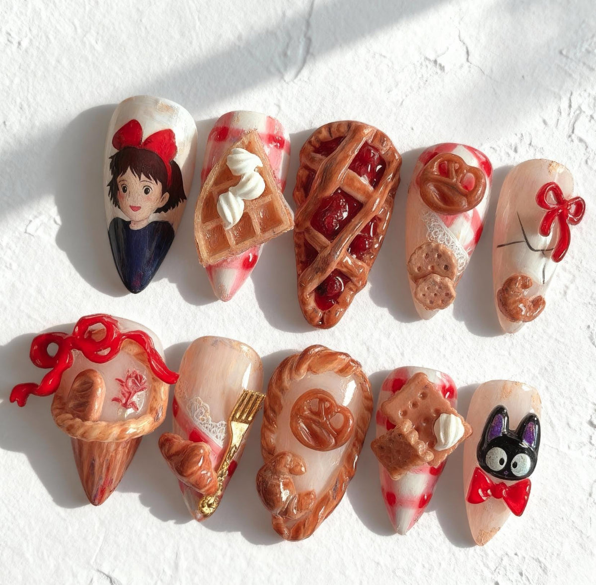 Kiki’s Delivery Service Nails; Handmade 3D Bakery Jiji press-on Nails.