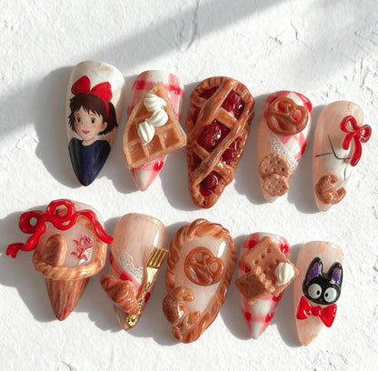 Kiki’s Delivery Service Nails; Handmade 3D Bakery Jiji press-on Nails.