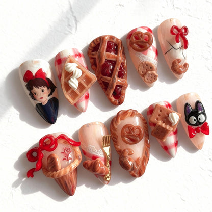 Kiki’s Delivery Service Nails; Handmade 3D Bakery Jiji press-on Nails.