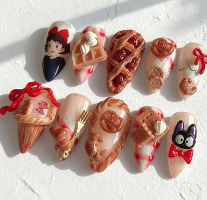 Kiki’s Delivery Service Nails; Handmade 3D Bakery Jiji press-on Nails.