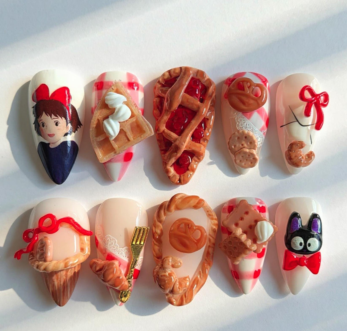 Kiki’s Delivery Service Nails; Handmade 3D Bakery Jiji press-on Nails.