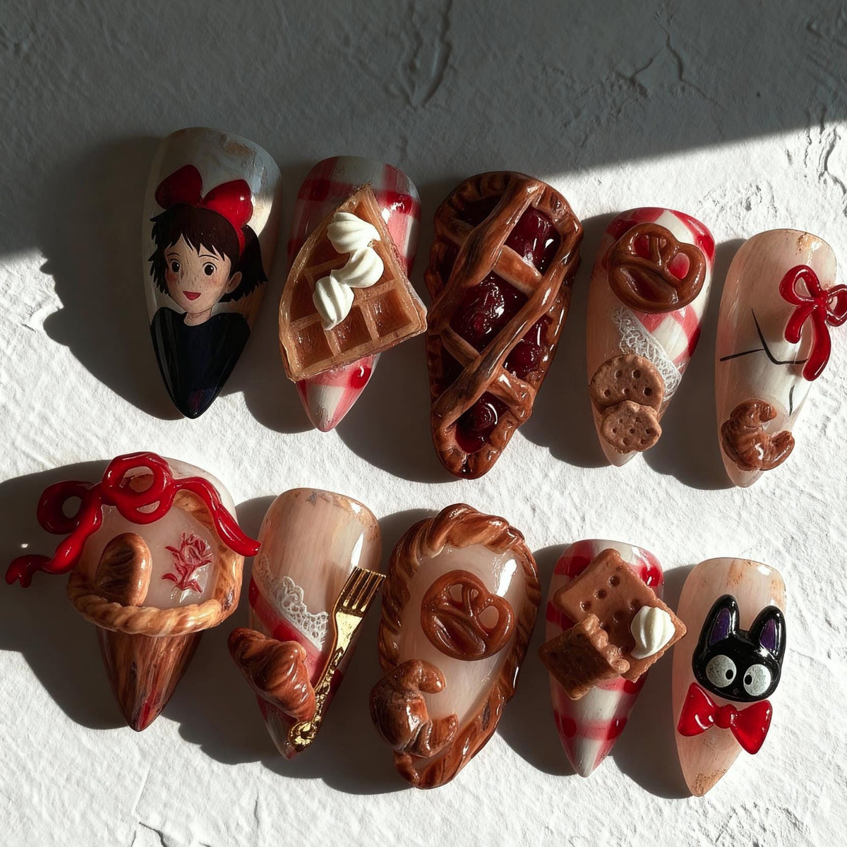 Kiki’s Delivery Service Nails; Handmade 3D Bakery Jiji press-on Nails.