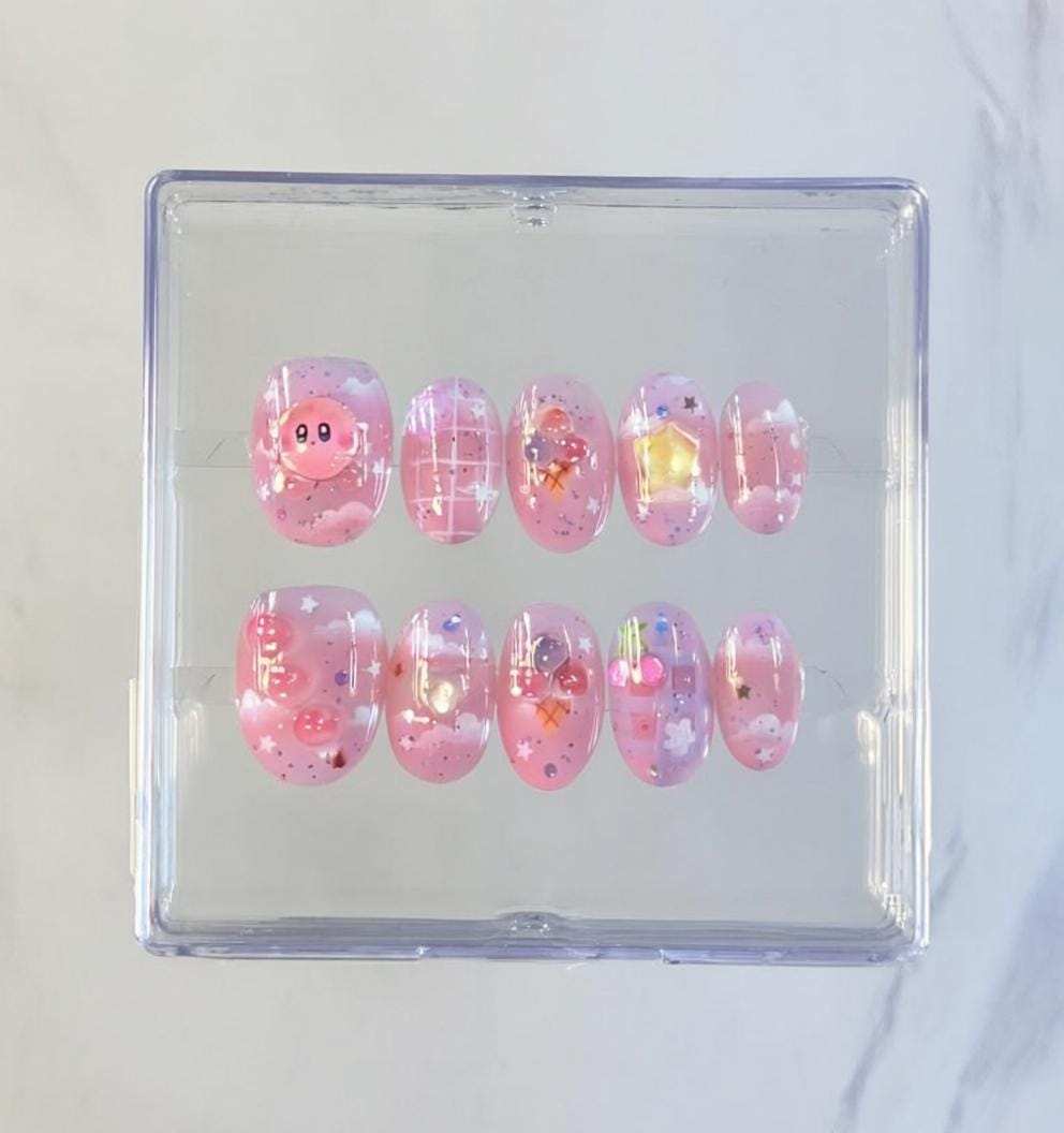 Kirby Pink press-on Nails: Kawaii 3D Star and Cherry Nail Art.