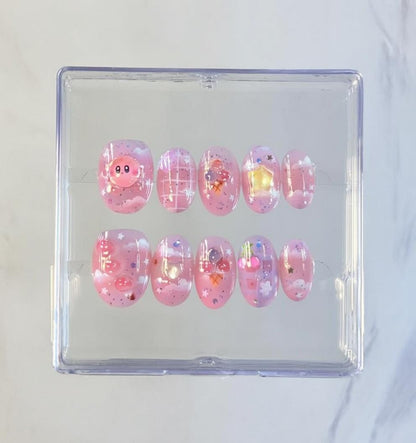 Kirby Pink press-on Nails: Kawaii 3D Star and Cherry Nail Art.