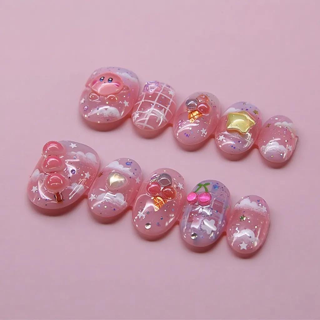 Kirby Pink press-on Nails: Kawaii 3D Star and Cherry Nail Art.