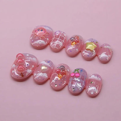 Kirby Pink press-on Nails: Kawaii 3D Star and Cherry Nail Art.