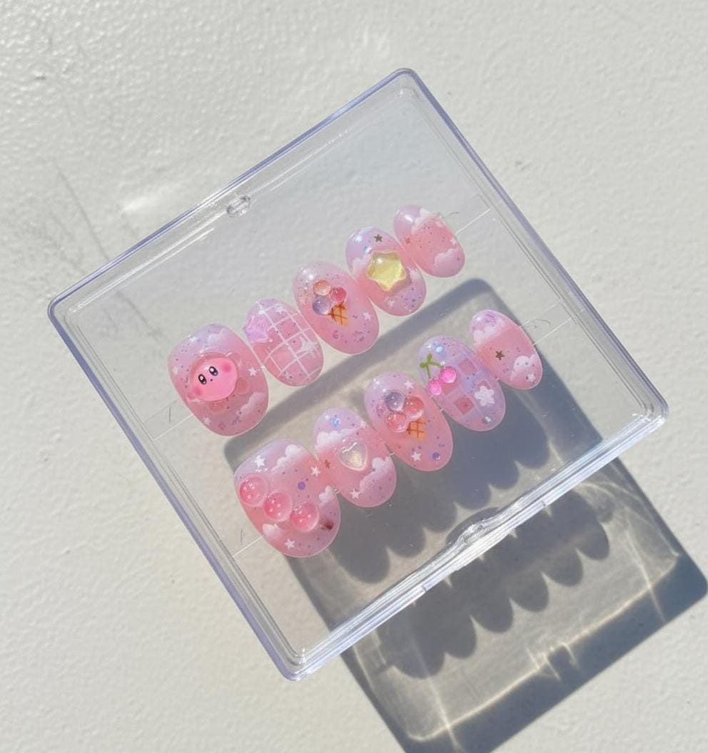 Kirby Pink press-on Nails: Kawaii 3D Star and Cherry Nail Art.