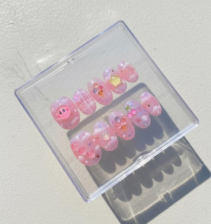 Kirby Pink press-on Nails: Kawaii 3D Star and Cherry Nail Art.