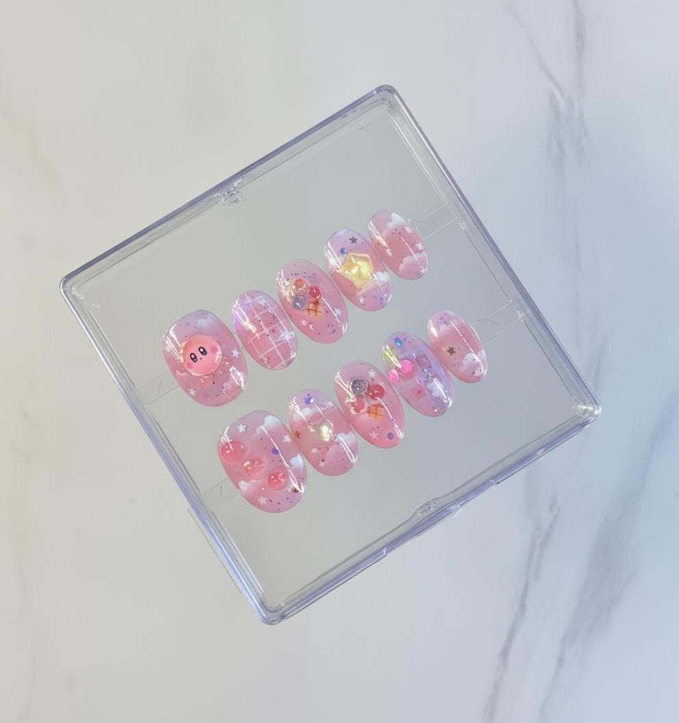 Kirby Pink press-on Nails: Kawaii 3D Star and Cherry Nail Art.