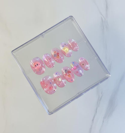 Kirby Pink press-on Nails: Kawaii 3D Star and Cherry Nail Art.