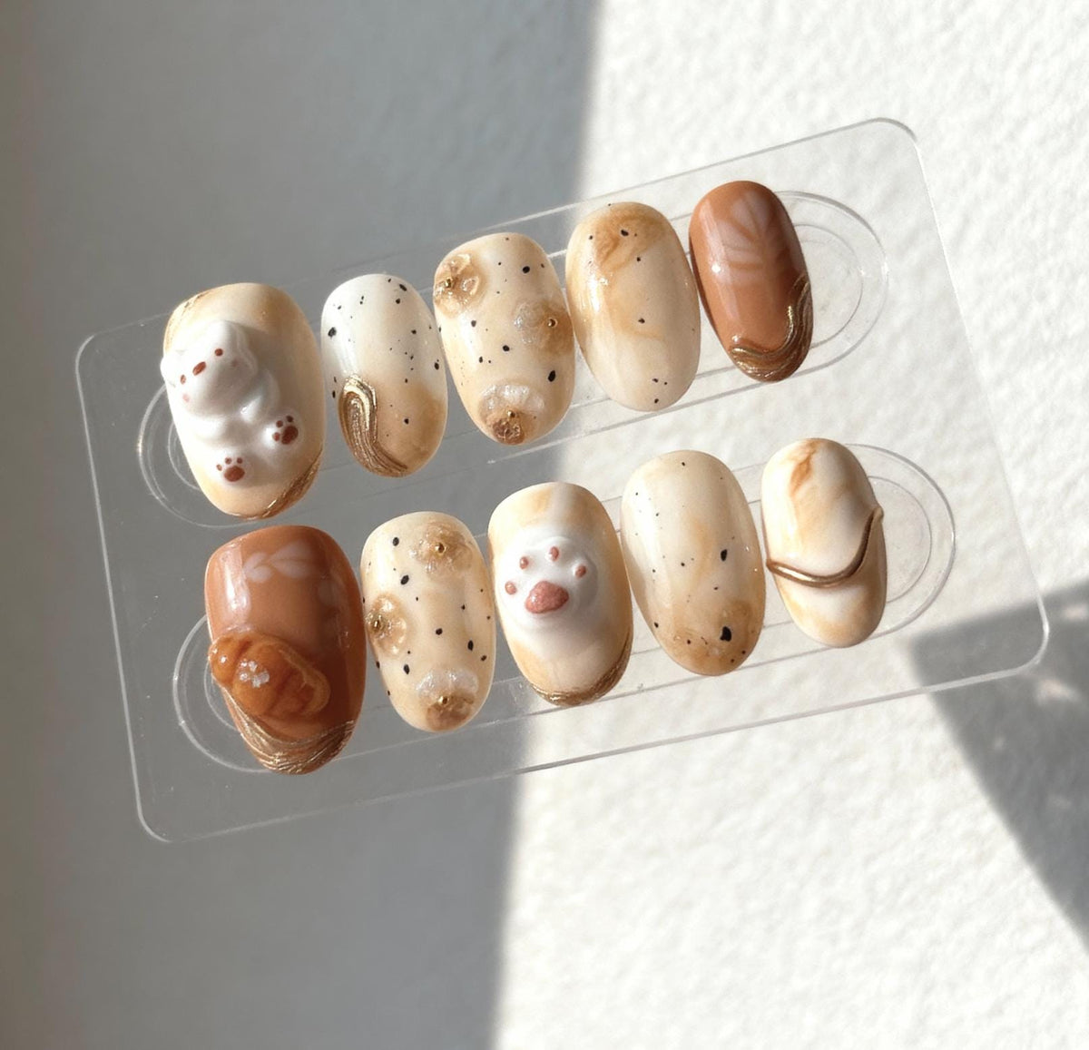 Latte Paw Nails; Handmade Neutral 3D press-on Nails with Coffee Marble and Paw Design.