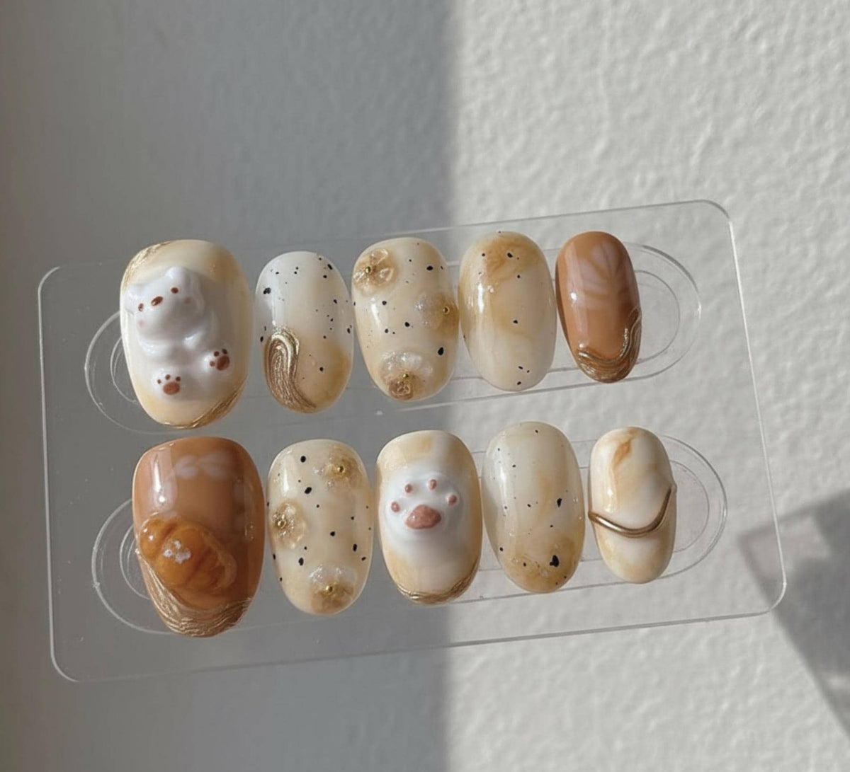 Latte Paw Nails; Handmade Neutral 3D press-on Nails with Coffee Marble and Paw Design.