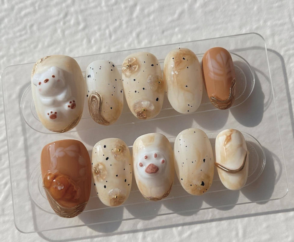 Latte Paw Nails; Handmade Neutral 3D press-on Nails with Coffee Marble and Paw Design.