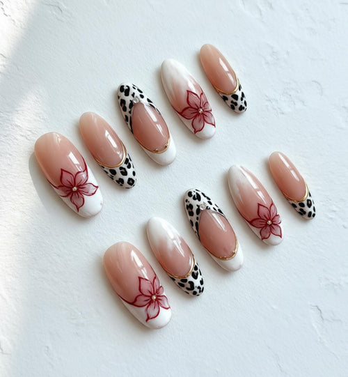 Leopard Print press-on Nails, Red Floral Nude Ombre Gold Accent Classy Handmade Nails.