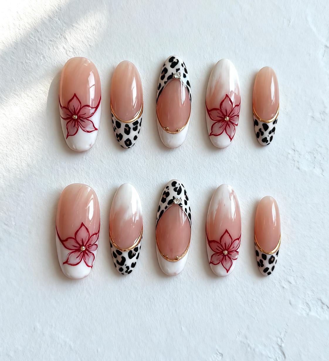 Leopard Print press-on Nails, Red Floral Nude Ombre Gold Accent Classy Handmade Nails.