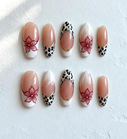 Leopard Print press-on Nails, Red Floral Nude Ombre Gold Accent Classy Handmade Nails.
