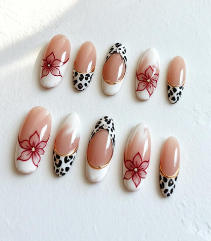 Leopard Print press-on Nails, Red Floral Nude Ombre Gold Accent Classy Handmade Nails.
