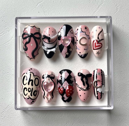 Magical Girl press-on Nails; Sweet Heart Bow Nails.