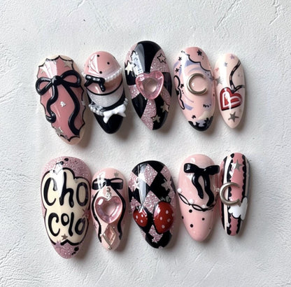 Magical Girl press-on Nails; Sweet Heart Bow Nails.