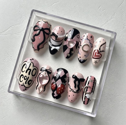 Magical Girl press-on Nails; Sweet Heart Bow Nails.