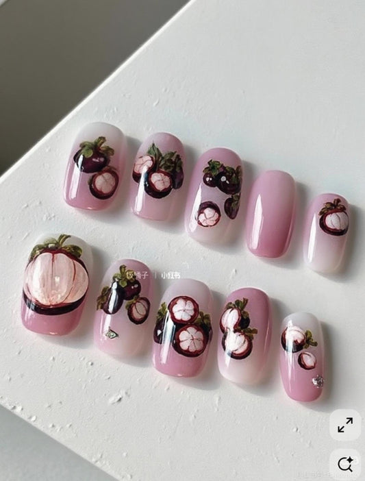 Mangosteen Fruit Nail Art; Handmade press-on Nails, Tropical Fruit Nail Design, Cute Summer Nail Set, Hand Painted Pink Ombre Nails.