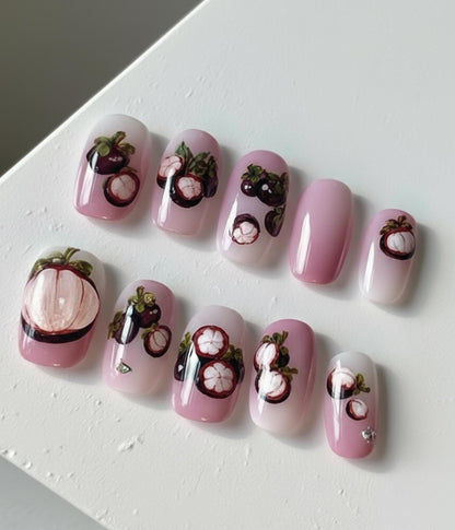 Mangosteen Fruit Nail Art; Handmade press-on Nails, Tropical Fruit Nail Design, Cute Summer Nail Set, Hand Painted Pink Ombre Nails.