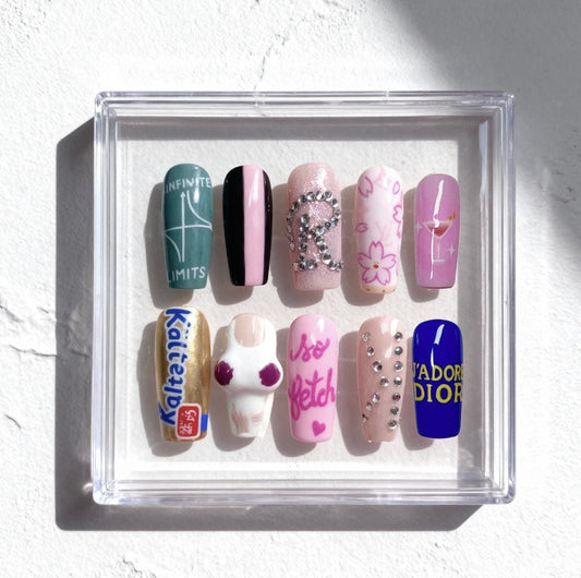 Mean Girls Inspired press-on Nails; Regina George Pink and Black Nail Set.