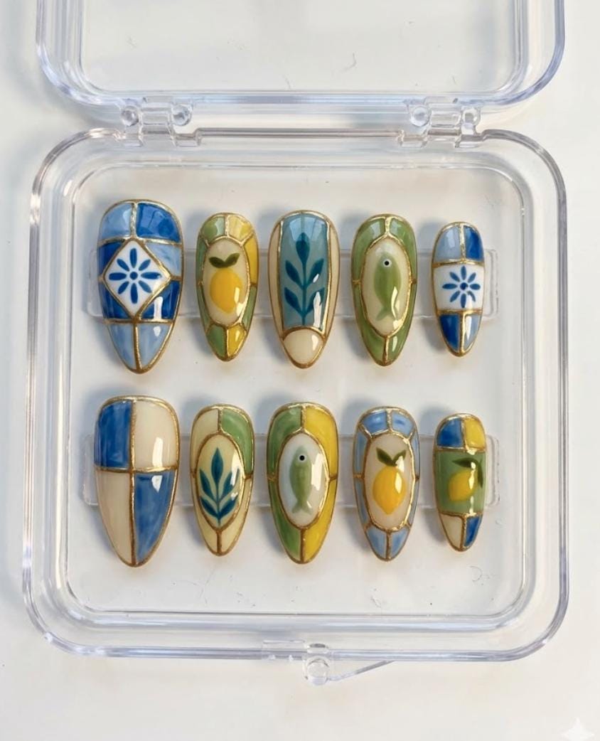 Mediterranean Stained Glass press-on Nails; Lemon Fish Tile Nails.