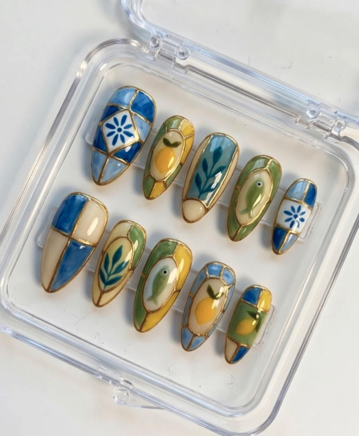 Mediterranean Stained Glass press-on Nails; Lemon Fish Tile Nails.