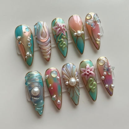 Mermaid Pearl press-on Nails; Pastel Ocean Nails.