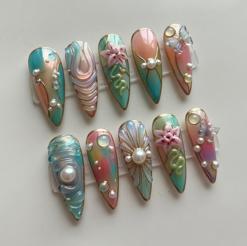 Mermaid Pearl press-on Nails; Pastel Ocean Nails.